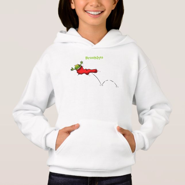 Cute frog in a red sock jumping cartoon hoodie (Front)