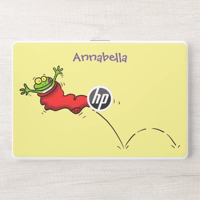 Cute frog in a red sock jumping cartoon HP laptop skin (Front)