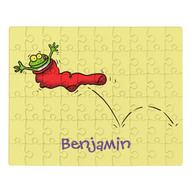 Cute frog in a red sock jumping cartoon jigsaw puzzle (Puzzle Horizontal)
