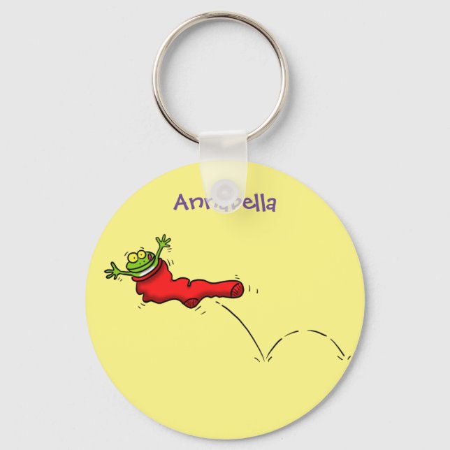 Cute frog in a red sock jumping cartoon keychain (Front)