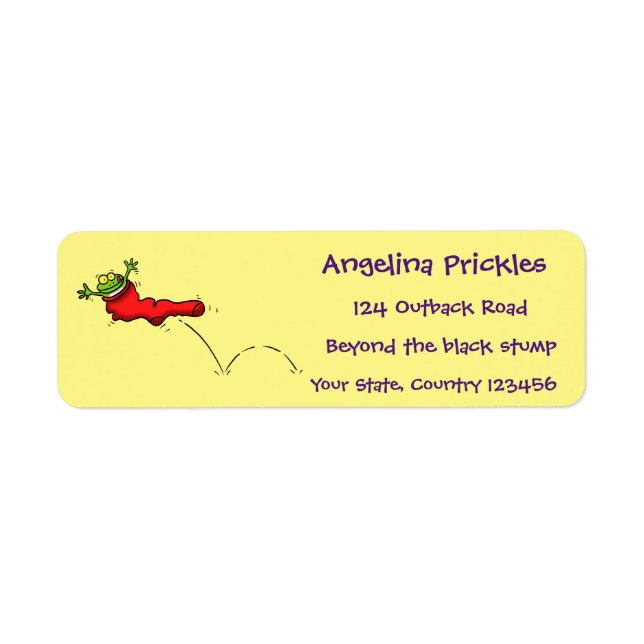 Cute frog in a red sock jumping cartoon label (Front)