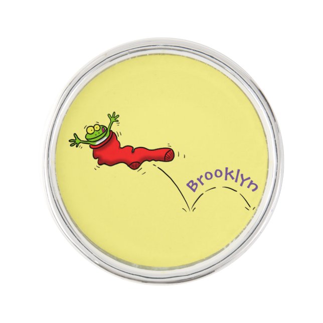 Cute frog in a red sock jumping cartoon lapel pin (Front)