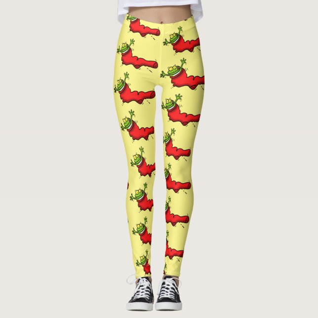 Cute frog in a red sock jumping cartoon leggings (Front)