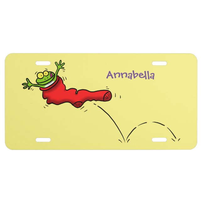 Cute frog in a red sock jumping cartoon license plate (Front)