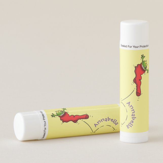 Cute frog in a red sock jumping cartoon lip balm (Front)