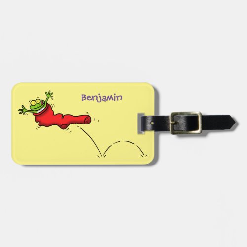 Cute frog in a red sock jumping cartoon luggage tag