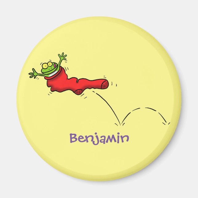 Cute frog in a red sock jumping cartoon magnet (Front)