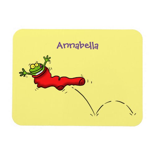 Cute frog in a red sock jumping cartoon magnet