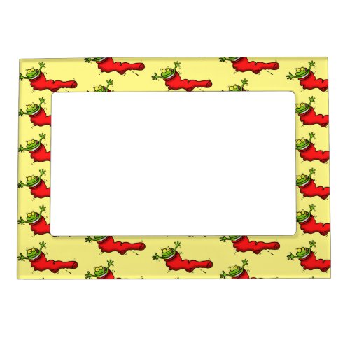 Cute frog in a red sock jumping cartoon magnetic frame