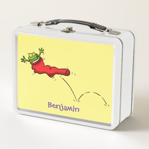 Cute frog in a red sock jumping cartoon metal lunch box