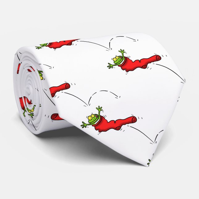 Cute frog in a red sock jumping cartoon neck tie (Rolled)