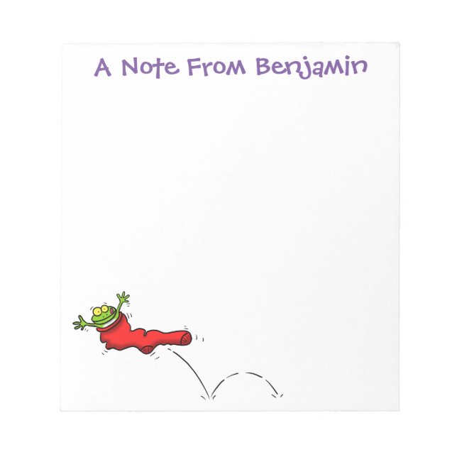 Cute frog in a red sock jumping cartoon notepad (Front)