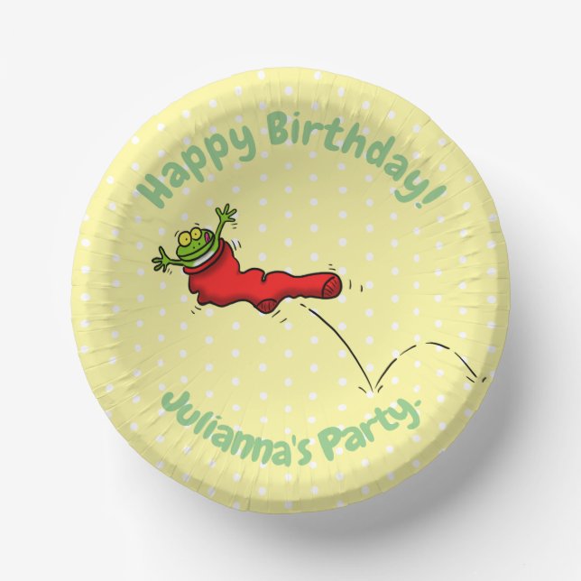 Cute frog in a red sock jumping cartoon paper bowls (Front)