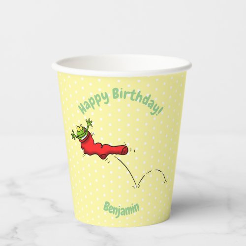 Cute frog in a red sock jumping cartoon paper cups