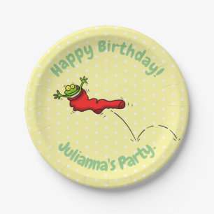 Cute frog in a red sock jumping cartoon paper plates