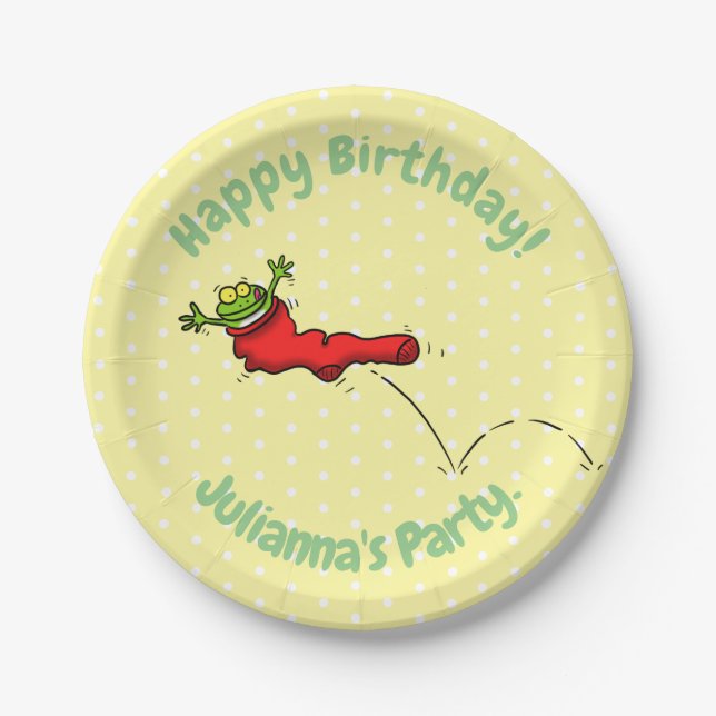 Cute frog in a red sock jumping cartoon paper plates (Front)