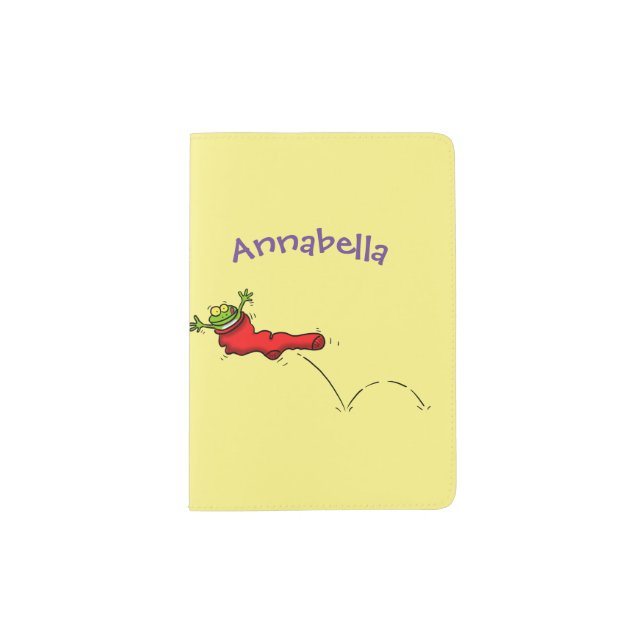 Cute frog in a red sock jumping cartoon passport holder (Front)