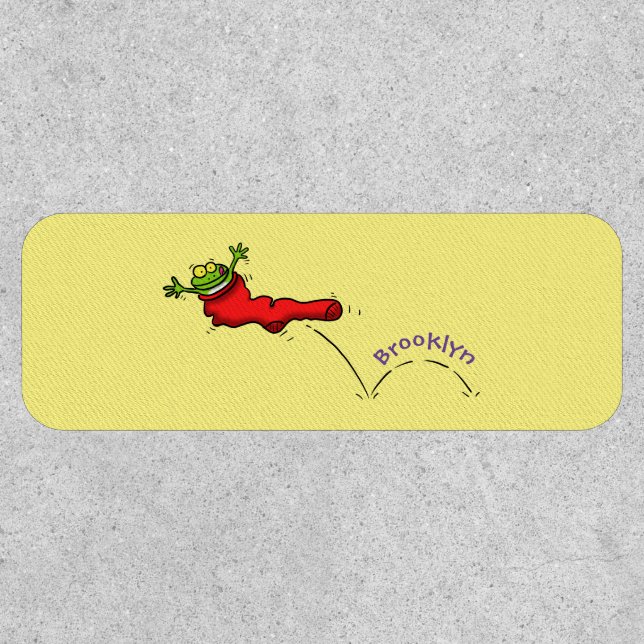Cute frog in a red sock jumping cartoon patch (Front)