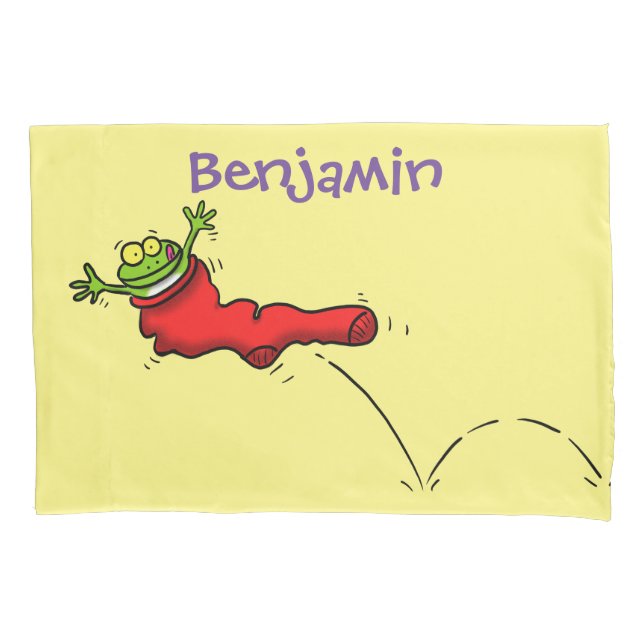 Cute frog in a red sock jumping cartoon pillow case (Front)