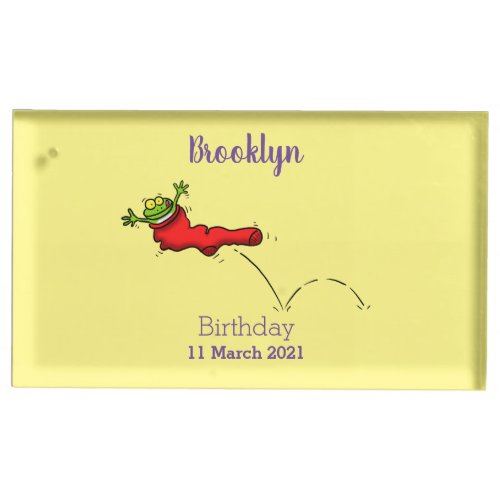 Cute frog in a red sock jumping cartoon place card holder