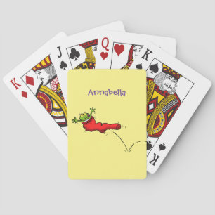Cute frog in a red sock jumping cartoon poker cards