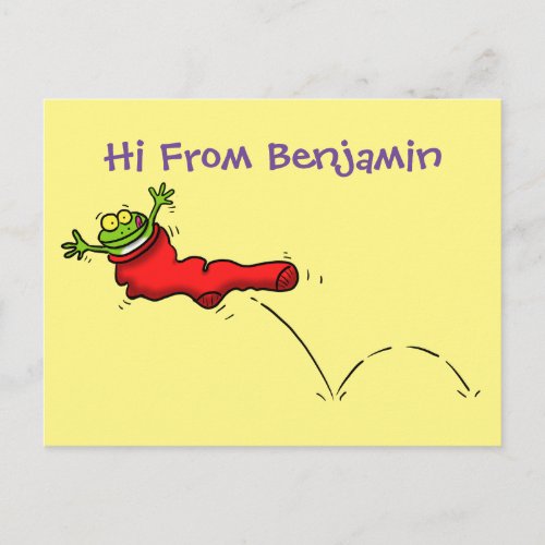 Cute frog in a red sock jumping cartoon postcard