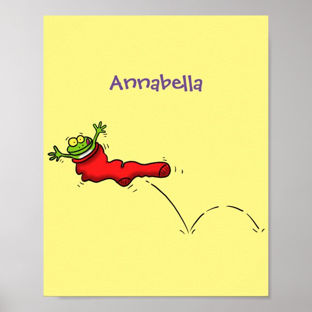 Cute frog in a red sock jumping cartoon poster (Front)