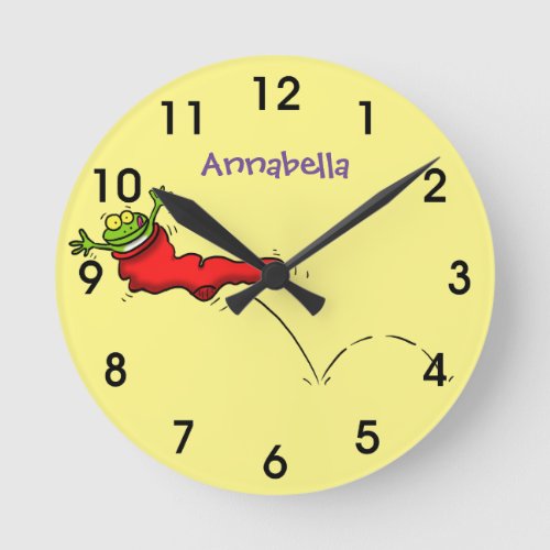 Cute frog in a red sock jumping cartoon round clock