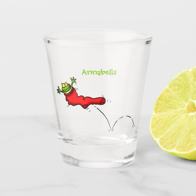 Cute frog in a red sock jumping cartoon shot glass (Front)