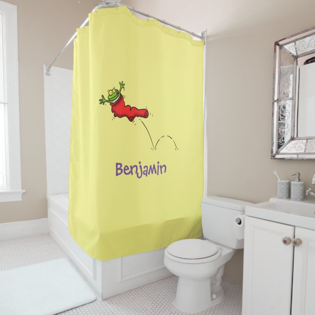 Cute frog in a red sock jumping cartoon shower curtain (In Situ)