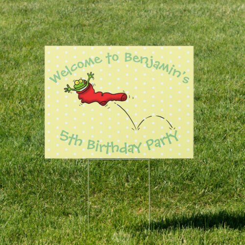 Cute frog in a red sock jumping cartoon sign