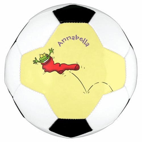 Cute frog in a red sock jumping cartoon soccer ball