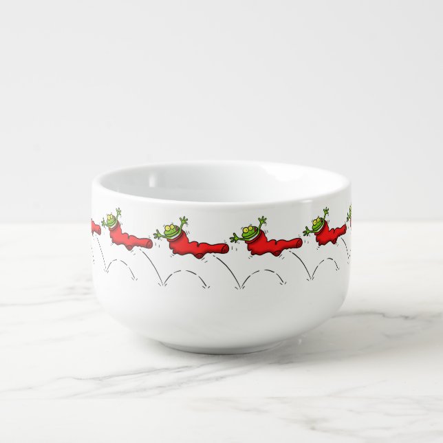 Cute frog in a red sock jumping cartoon soup mug (Front)