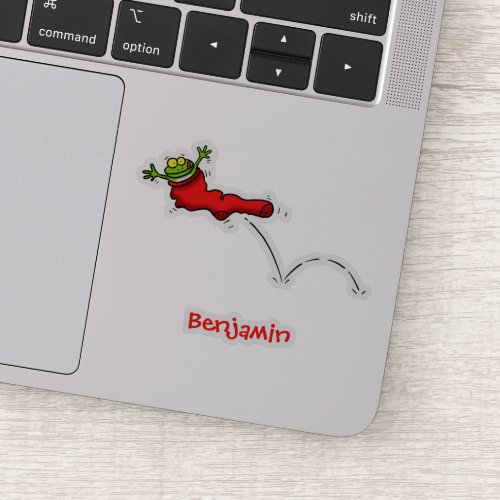 Cute frog in a red sock jumping cartoon sticker