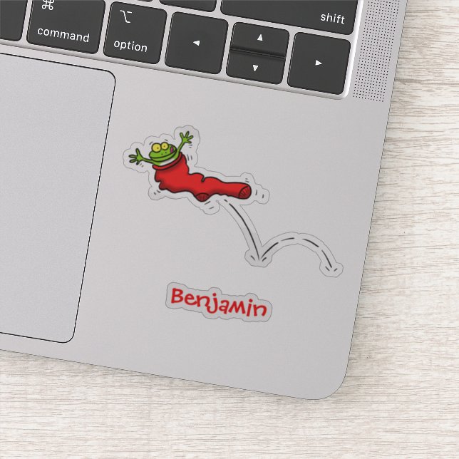 Cute frog in a red sock jumping cartoon sticker (Detail)
