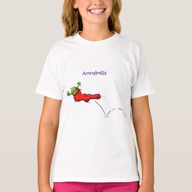 Cute frog in a red sock jumping cartoon T-Shirt (Front)