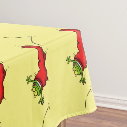 Cute frog in a red sock jumping cartoon tablecloth