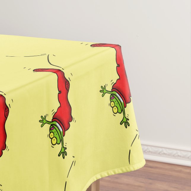 Cute frog in a red sock jumping cartoon tablecloth (In Situ)