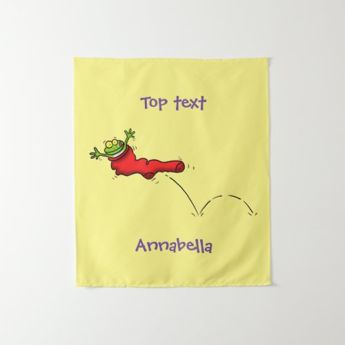 Cute frog in a red sock jumping cartoon tapestry