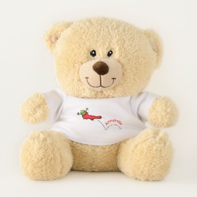 Cute frog in a red sock jumping cartoon teddy bear (Front)