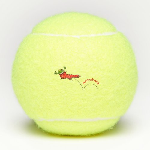 Cute frog in a red sock jumping cartoon tennis balls
