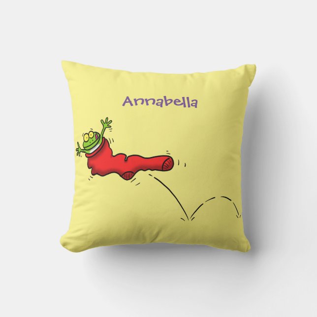 Cute frog in a red sock jumping cartoon throw pillow (Front)