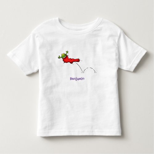 Cute frog in a red sock jumping cartoon toddler t_shirt