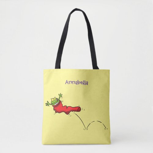 Cute frog in a red sock jumping cartoon tote bag