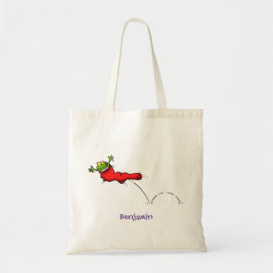 Cute frog in a red sock jumping cartoon tote bag