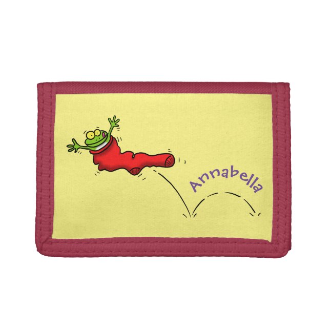 Cute frog in a red sock jumping cartoon trifold wallet (Front)