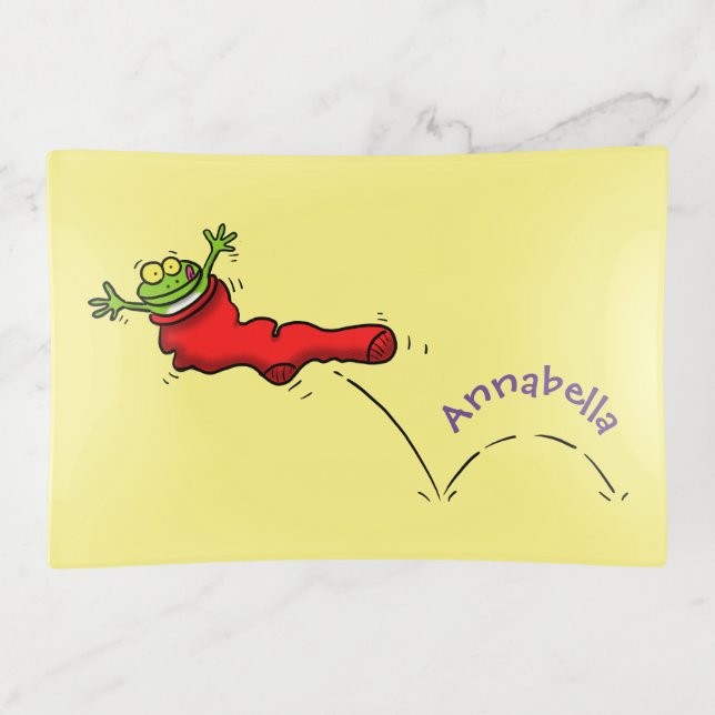 Cute frog in a red sock jumping cartoon trinket tray (Front)