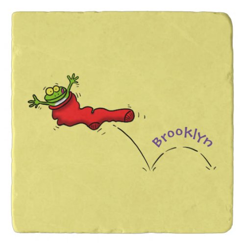 Cute frog in a red sock jumping cartoon trivet