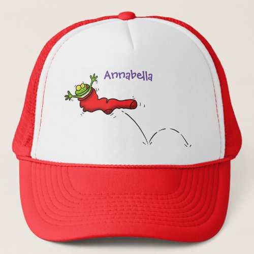 Cute frog in a red sock jumping cartoon trucker hat