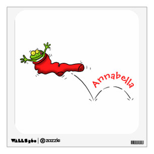 Cute frog in a red sock jumping cartoon wall decal